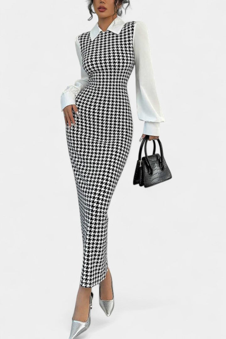 Houndstooth Print Claire Maxi Dress with Puff Sleeves