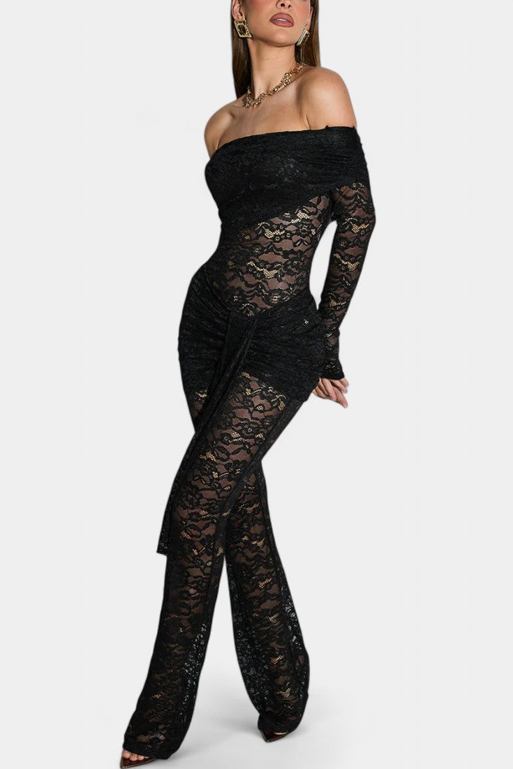 Maristella Bardot Set: Sheer Lace Top with Ruffled Mini Skirt