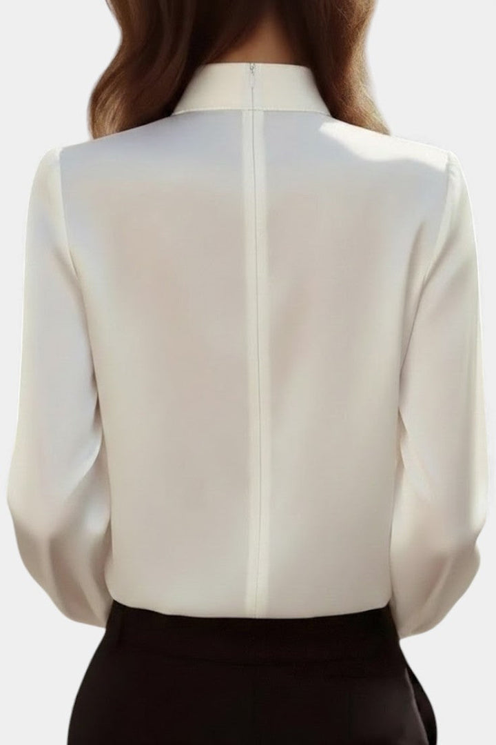 Honorea White Satin Blouse Featuring a Sculptural Tied Collar