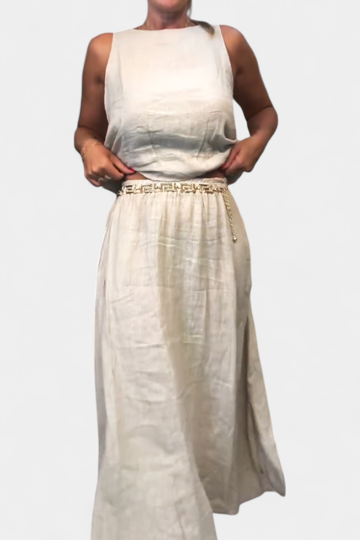 Meliora Linen-Cotton Set with Sleeveless Vest and Maxi Skirt
