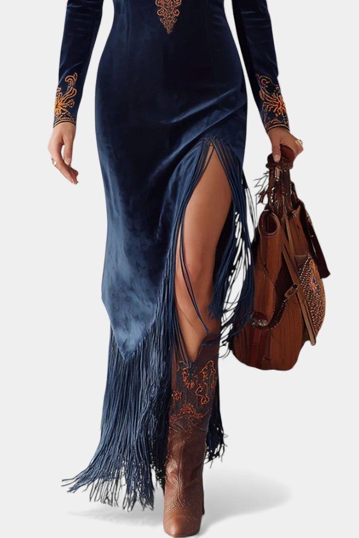 Raymonde Maxi Dress with Slit and Ethnic Embroidered Fringe Details