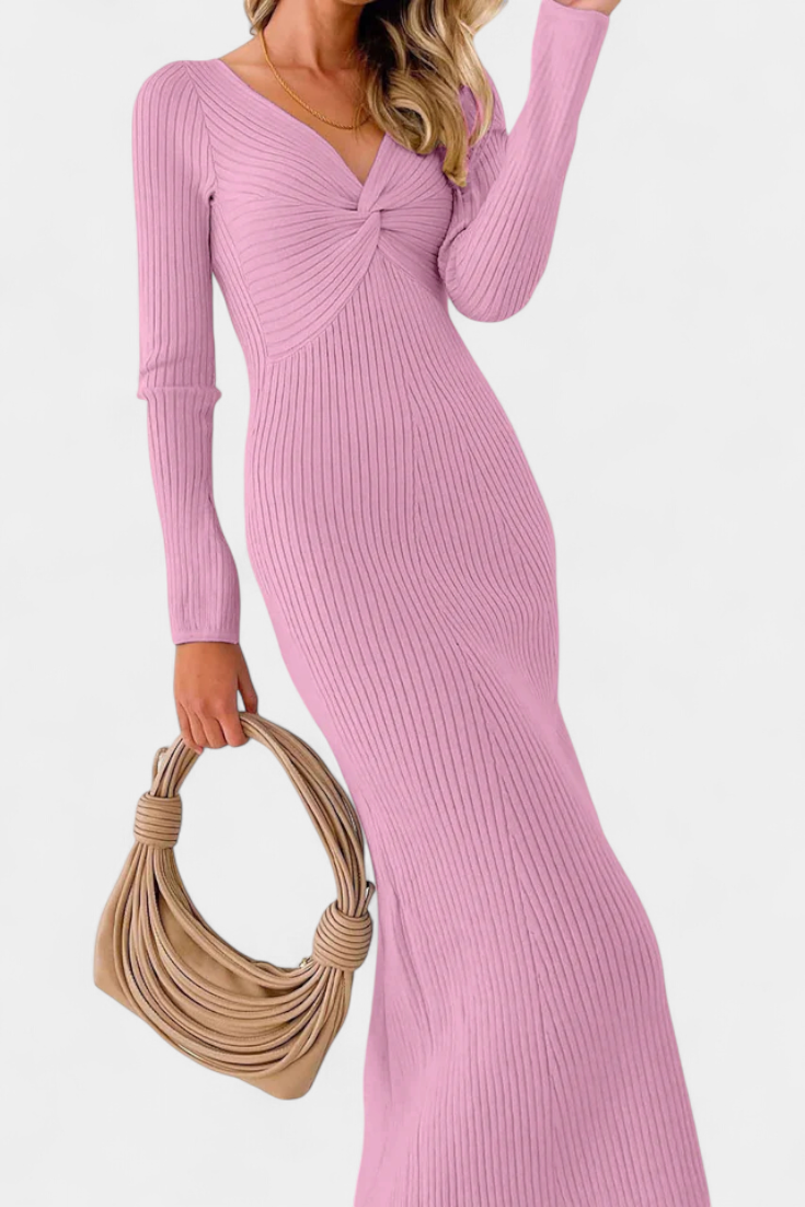 Mélusine Ruched V-Neck Long Sleeve Fitted Knit Dress