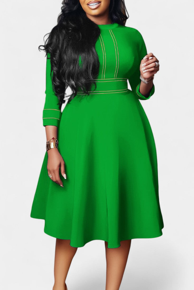 Chantal Midi Flared Dress Featuring Round Neck and 3/4 Sleeves