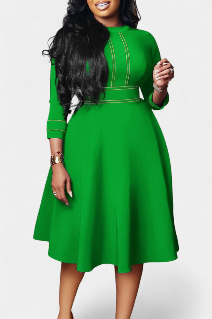 Chantal Midi Flared Dress Featuring Round Neck and 3/4 Sleeves