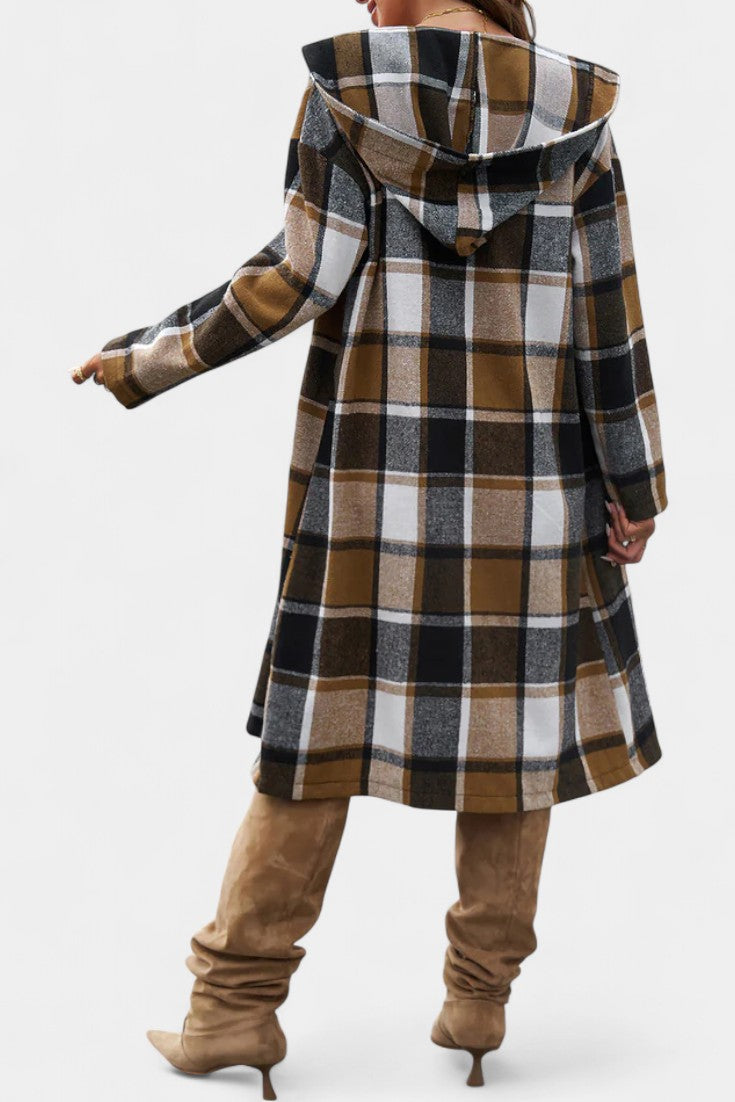 Sandrine Hooded Jacket with Button Closure in Brushed Check Design