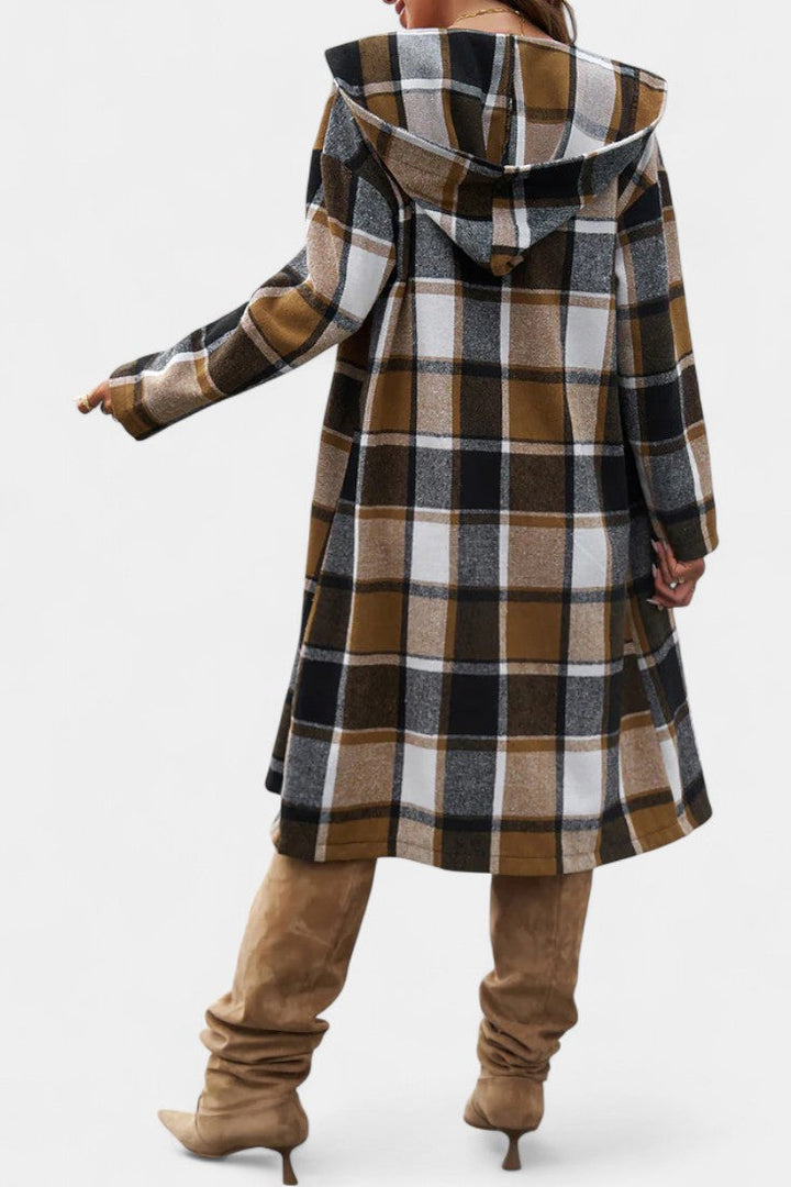 Sandrine Hooded Jacket with Button Closure in Brushed Check Design