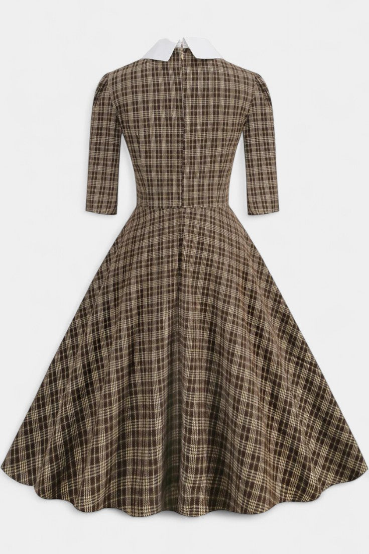 Natacha Checkered Midi A-Line Dress with Collar and Bow Detail
