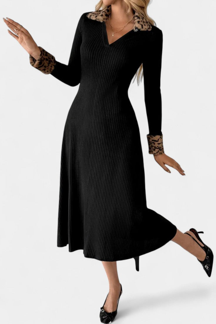 Héloïse Long Sleeve Midi Dress with Textured Fabric and Leopard Patchwork