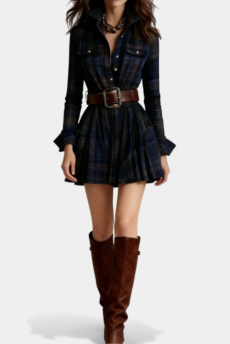 Bogdana Vintage-Inspired Mini Dress with Checkered Pattern and Belt