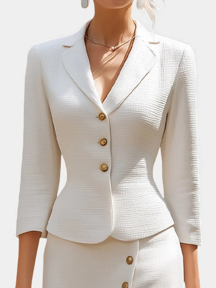 Natalina Chic Ecru Tailored Suit with Flowing Long Wrap Skirt