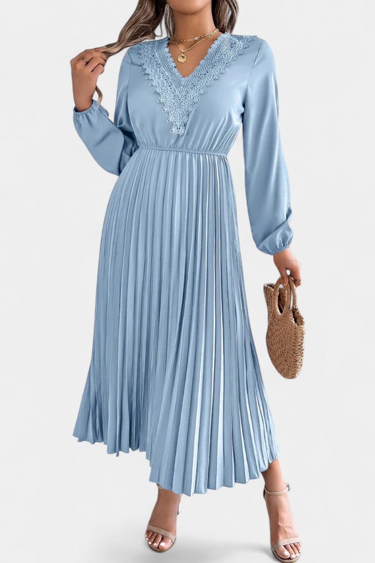 Séverine V-Neck Lace Dress with Long Puff Sleeves and Pleated Design