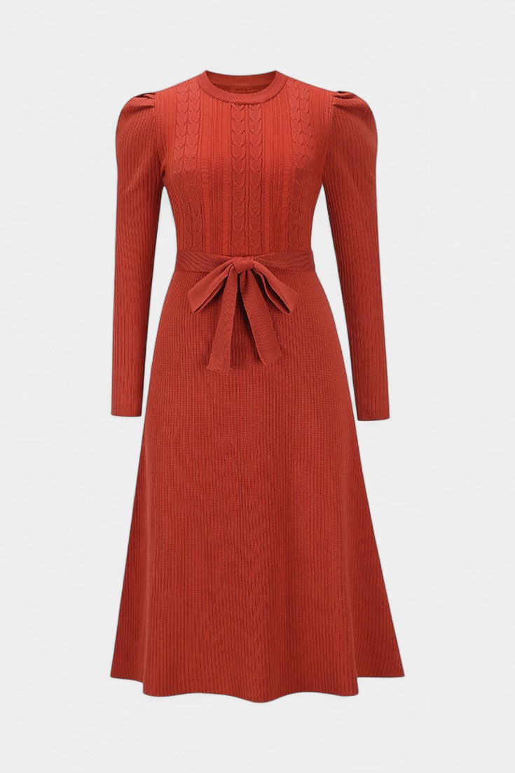 Évoria Puff Sleeve Midi Knit Dress with Lace Accents