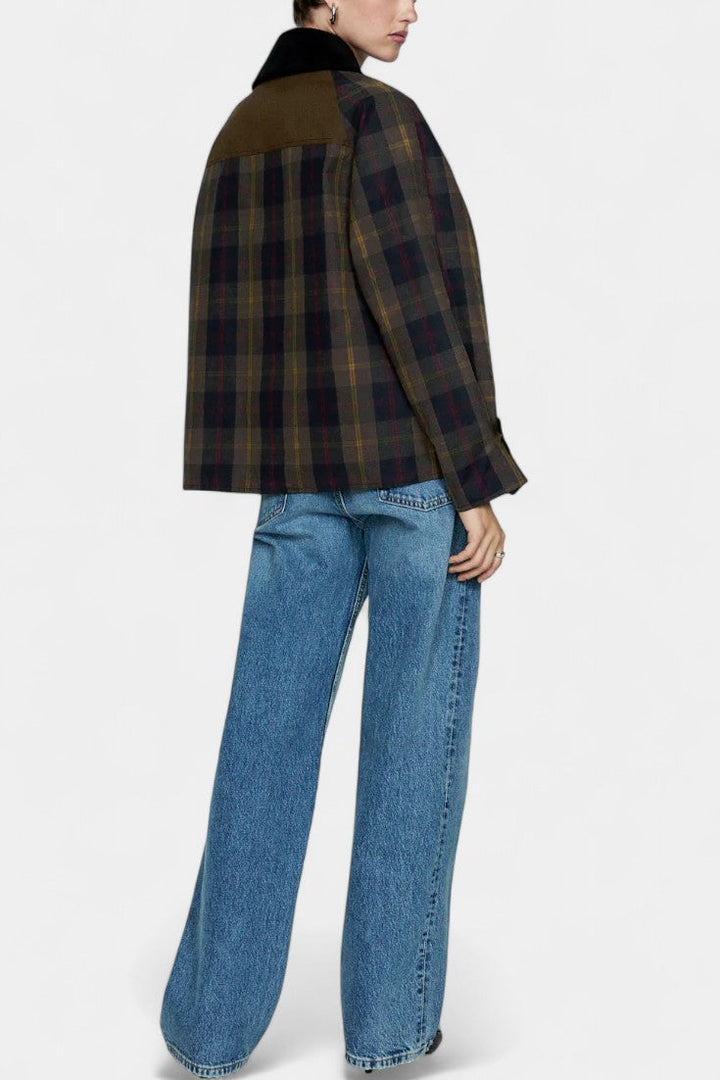 Checkered Print Ausra Straight Jacket with Contrasting Collar