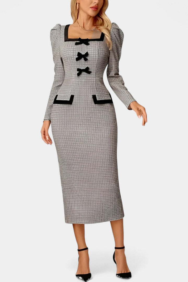 Nevena Checkered Midi Dress with Puff Sleeves and Bow Detail