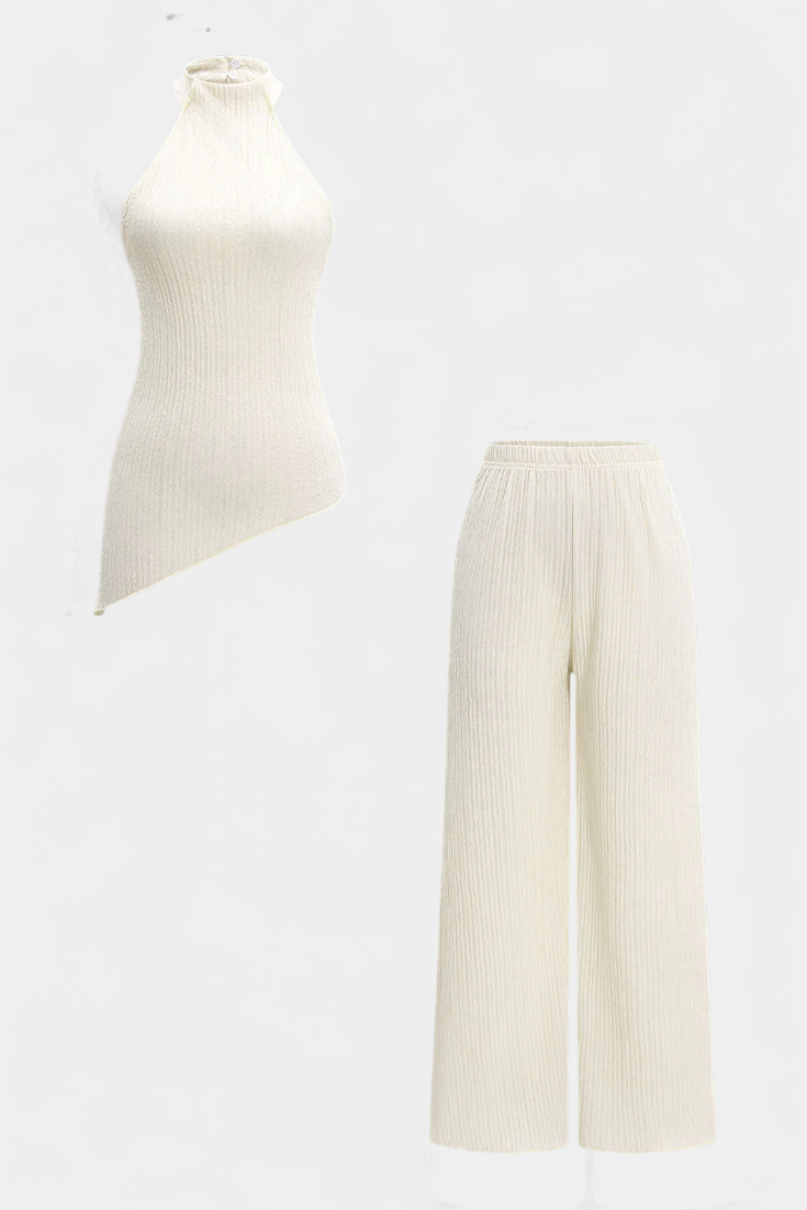 Pilarica Halter Neck Asymmetrical Top with Wide-Leg Pants Set