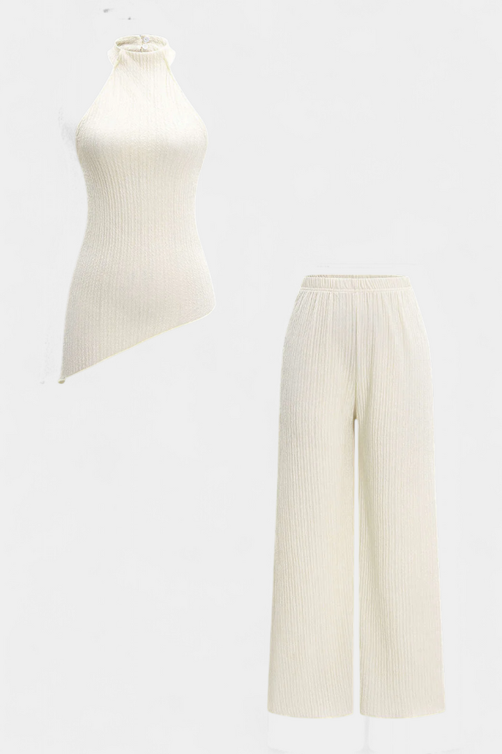 Pilarica Halter Neck Asymmetrical Top with Wide-Leg Pants Set
