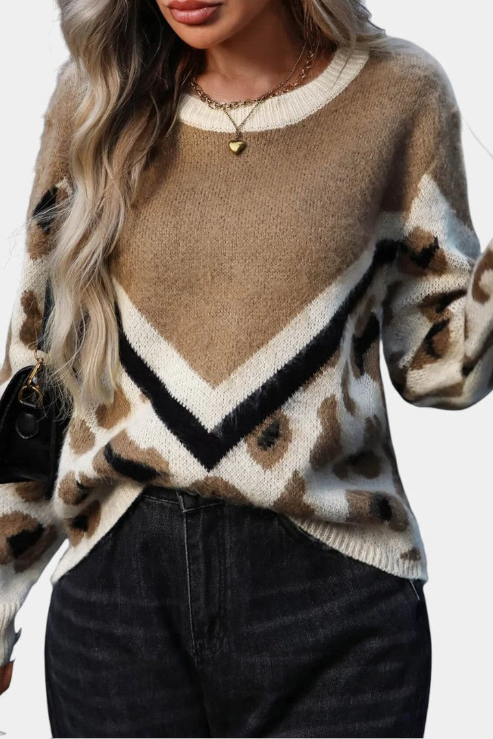 Leopard Print Ginette Sweater with Bold Stripes