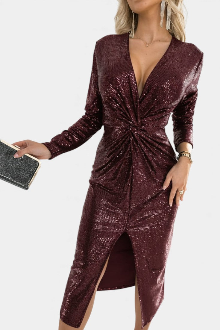 Sofina V-Neck Sequined Dress with Chic Slit