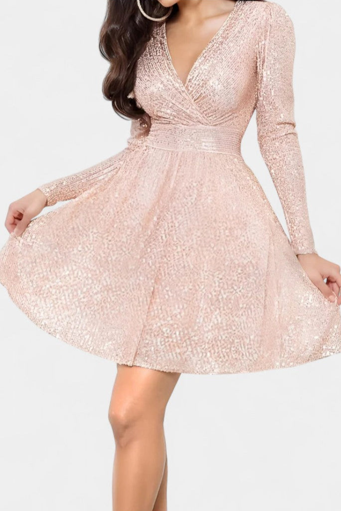 Thaïs V-Neck Long Sequin Dress with Elegant Long Sleeves