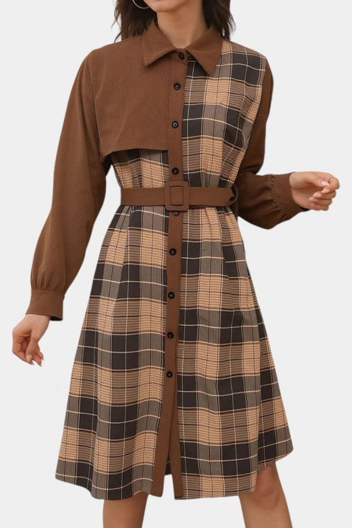 Naïla Checkered Shirt Dress with Belt - Mid-Length Style