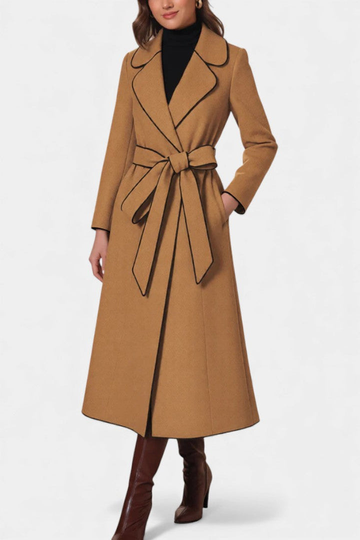Flora Long Coat with Reversible Design and Vibrant Belt