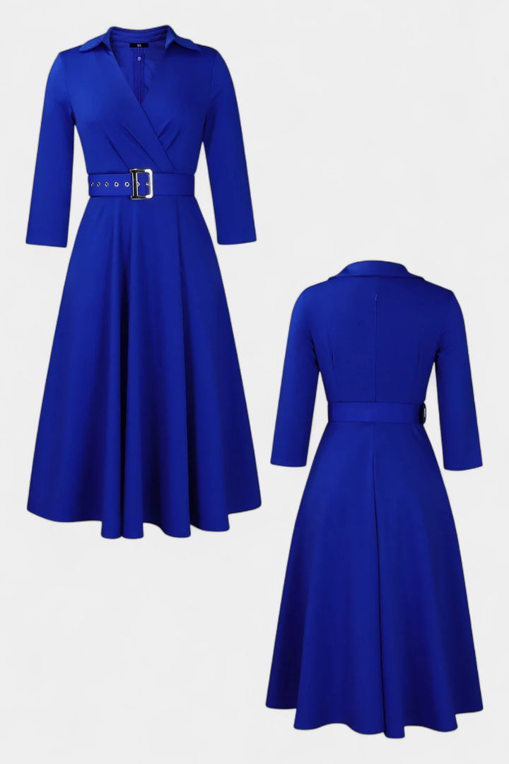 Constance Tailored Collar Midi Dress with 3/4 Sleeves and Belt