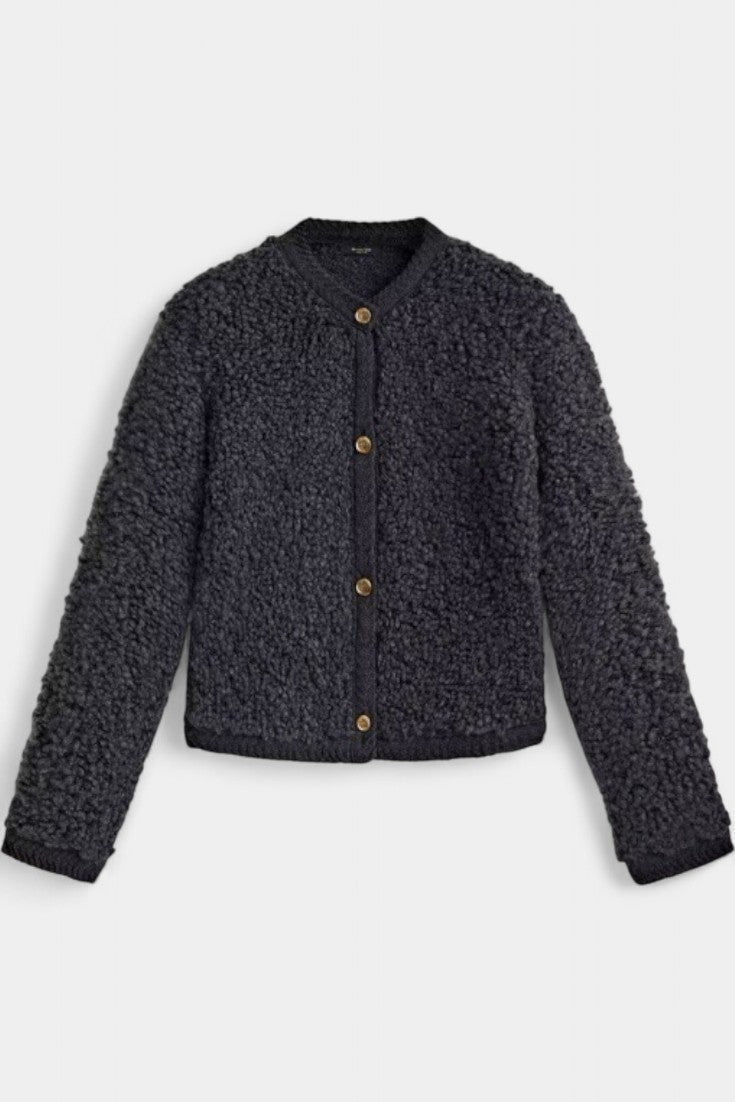 Chenda Button-Up Plush Cardigan with Ribbed Accents