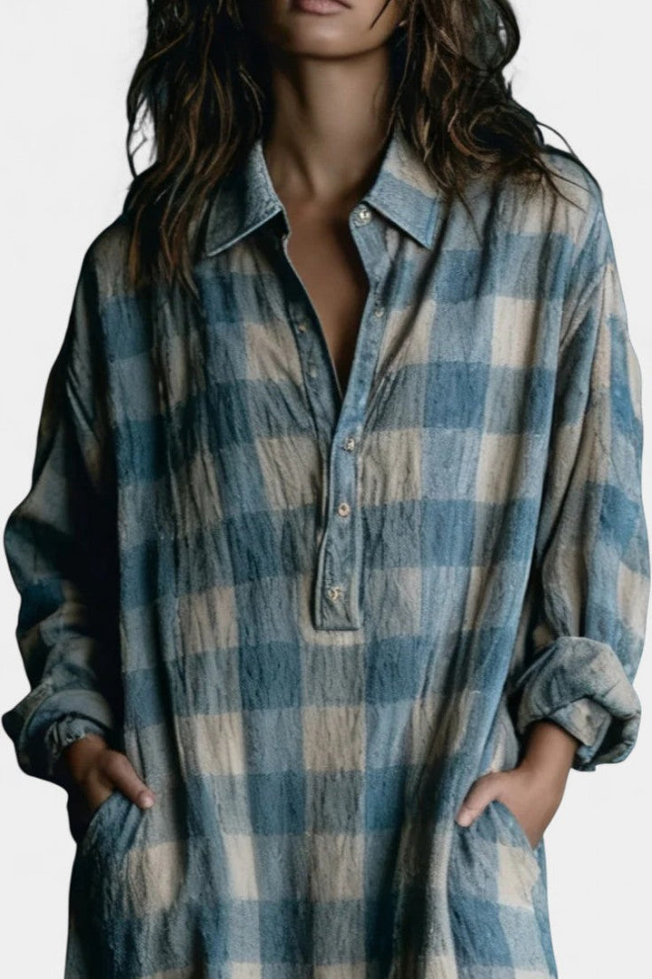 Pacifia Blue and White Checkered Maxi Dress Featuring a Shirt Collar