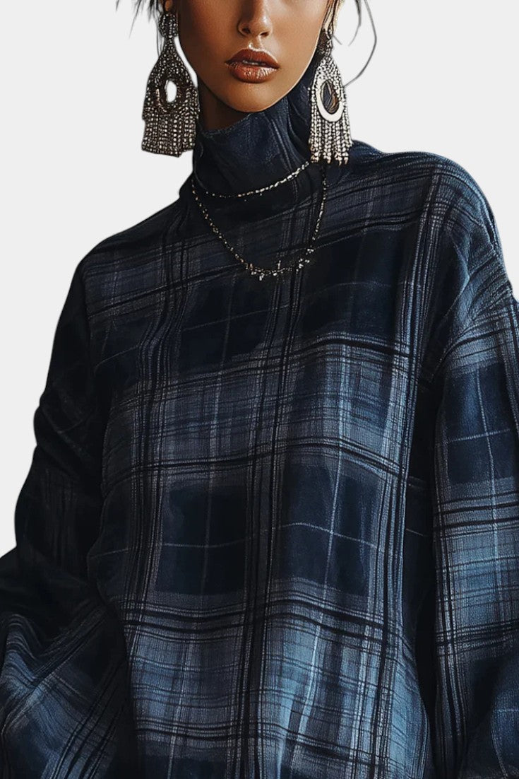 Blue Check Knit Alvetina Mini Dress with High Collar