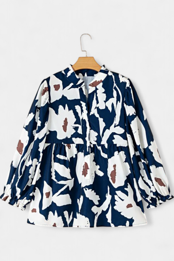 Filomena Relaxed Blouse with Puff Sleeves and Abstract Floral Design