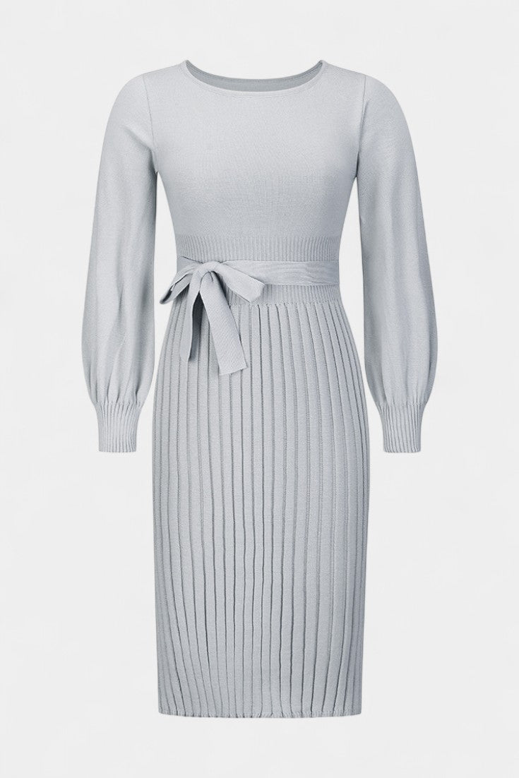 Chloéria Belted Midi Dress with Pleats and Ribbed Knit
