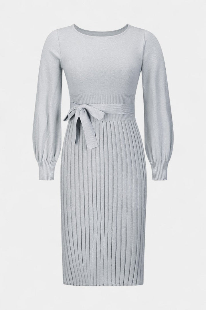 Chloéria Belted Midi Dress with Pleats and Ribbed Knit
