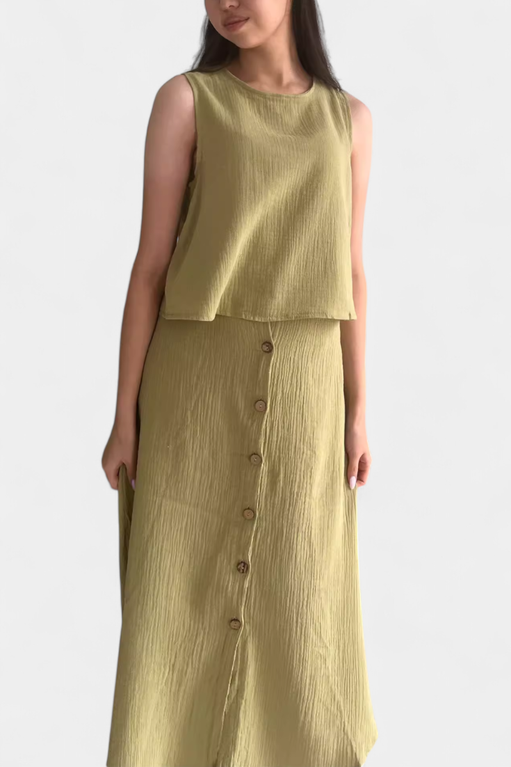 Naha Casual Cotton Ensemble with Center Button Detail and Midi Skirt