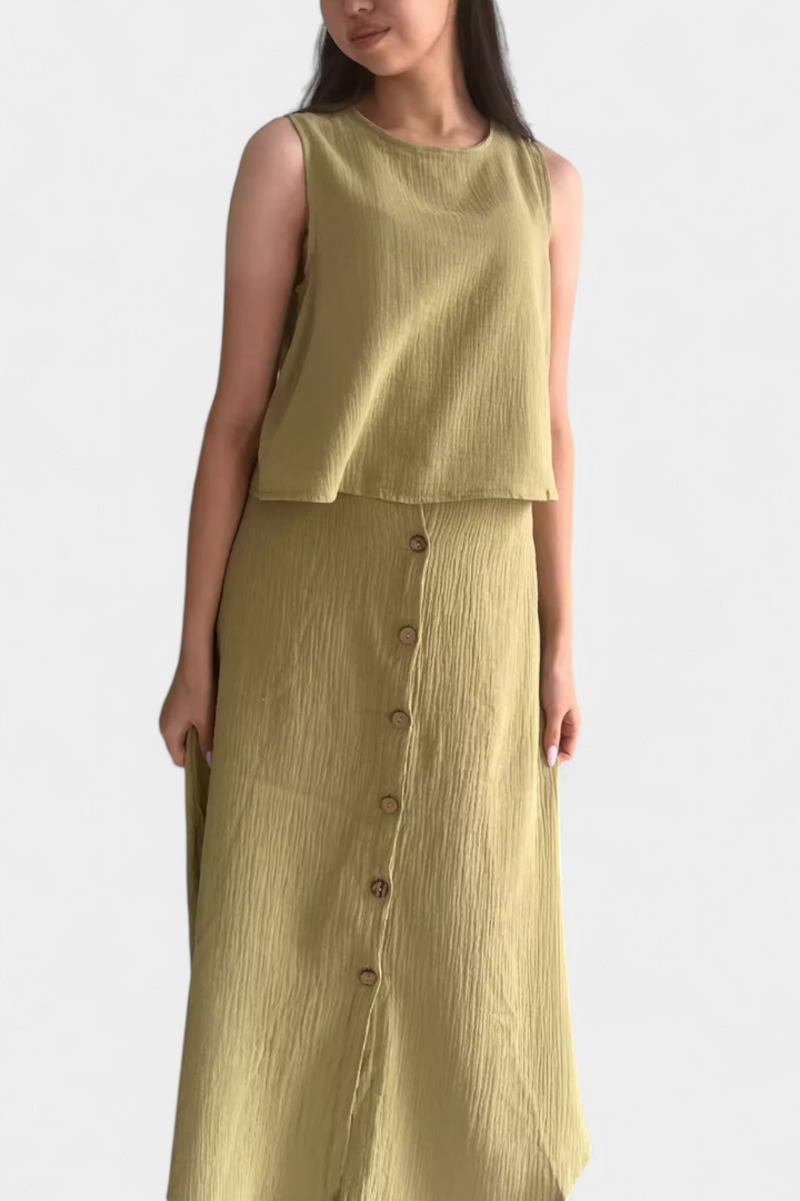 Naha Casual Cotton Ensemble with Center Button Detail and Midi Skirt