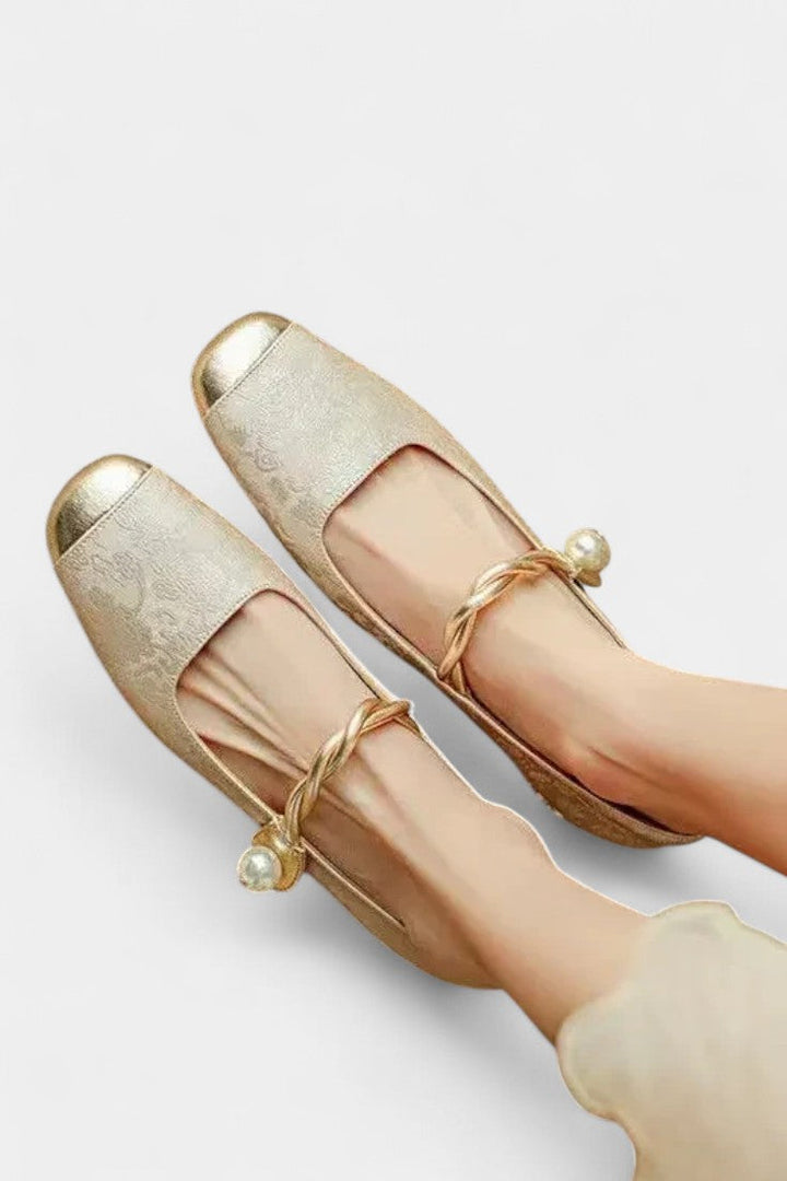 Mestelle Patent Leather Mary Janes with Square Heels and Beaded Accents