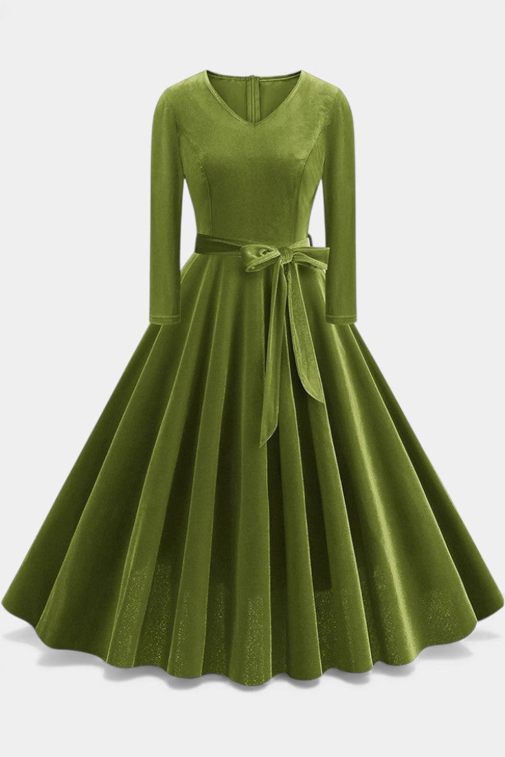 Almena V-Neck Midi Velvet Dress - Elegant and Perfect for Festive Occasions