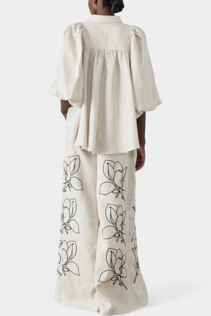 Helen Puff Sleeve Blouse & Wide-Leg Floral Linen Pants Set