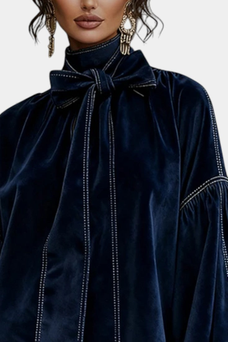 Toamela Dark Blue Mini Velvet Dress with Lantern Sleeves