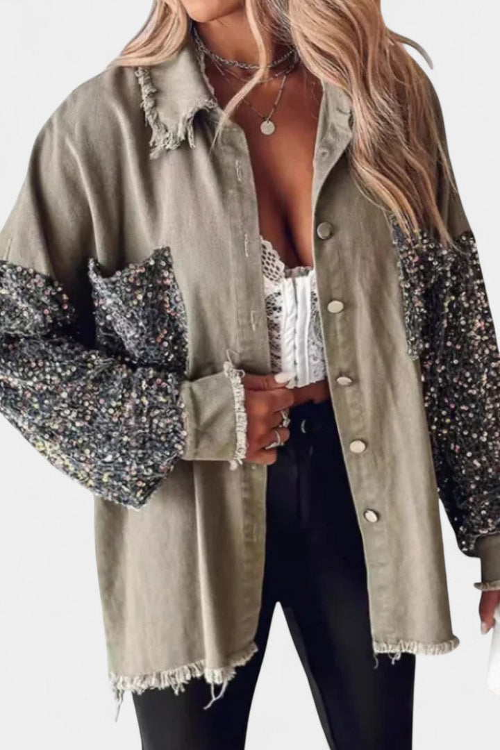 Birgit Oversized Jean Jacket with Frayed Hem and Sequin Accents