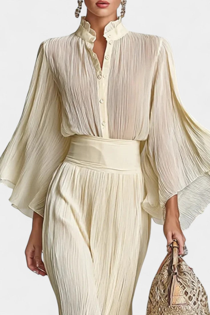 Valentine's Day Two-Piece Ensemble: High-Collar Pleated Top & Long Slit Skirt