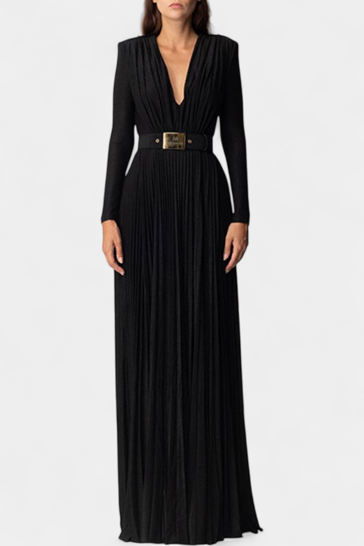 Raisa V-Neck Long Dress with Belted Waist
