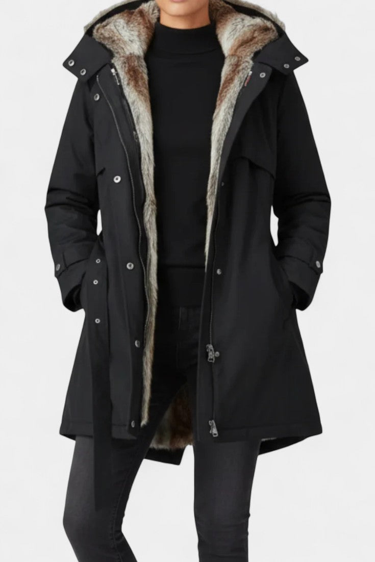 Fernande Hooded Long Parka with Belt and Cozy Lining
