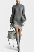 Gray Savine Mini Knit Dress with Turtleneck and White Lace Accents