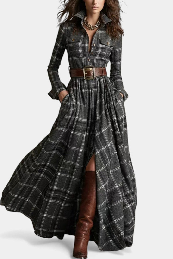 Eustelle Gray Checkered Maxi Dress Featuring a Stylish Collar
