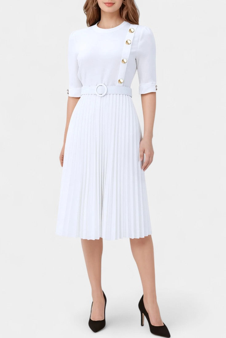 Zandie Chic Pleated Dress Featuring Stylish Decorative Buttons