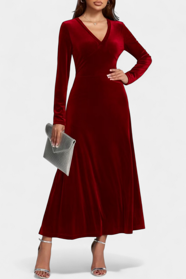 Alizée V-Neck Long Velvet Dress with Flared Silhouette
