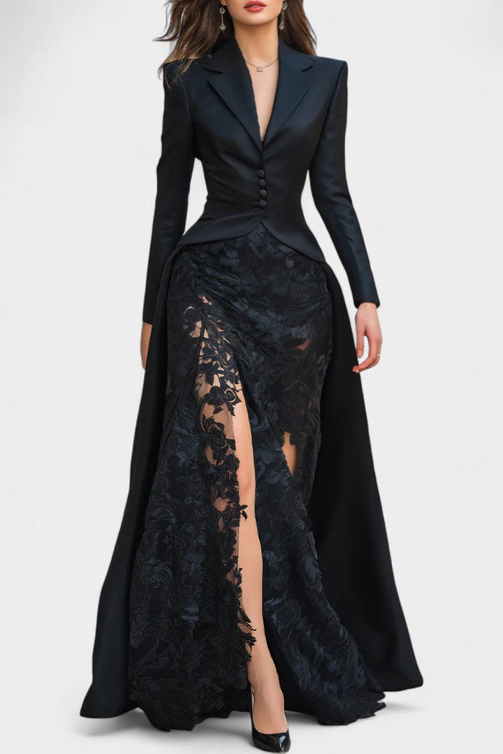 Flavienne Satin Blazer Dress with Black Lace Accents