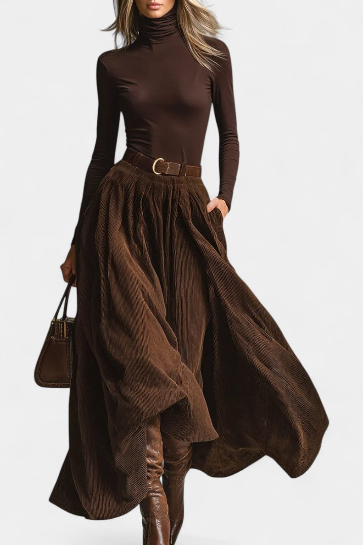 Fabia Dark Brown Turtleneck Ensemble with Corduroy Skirt