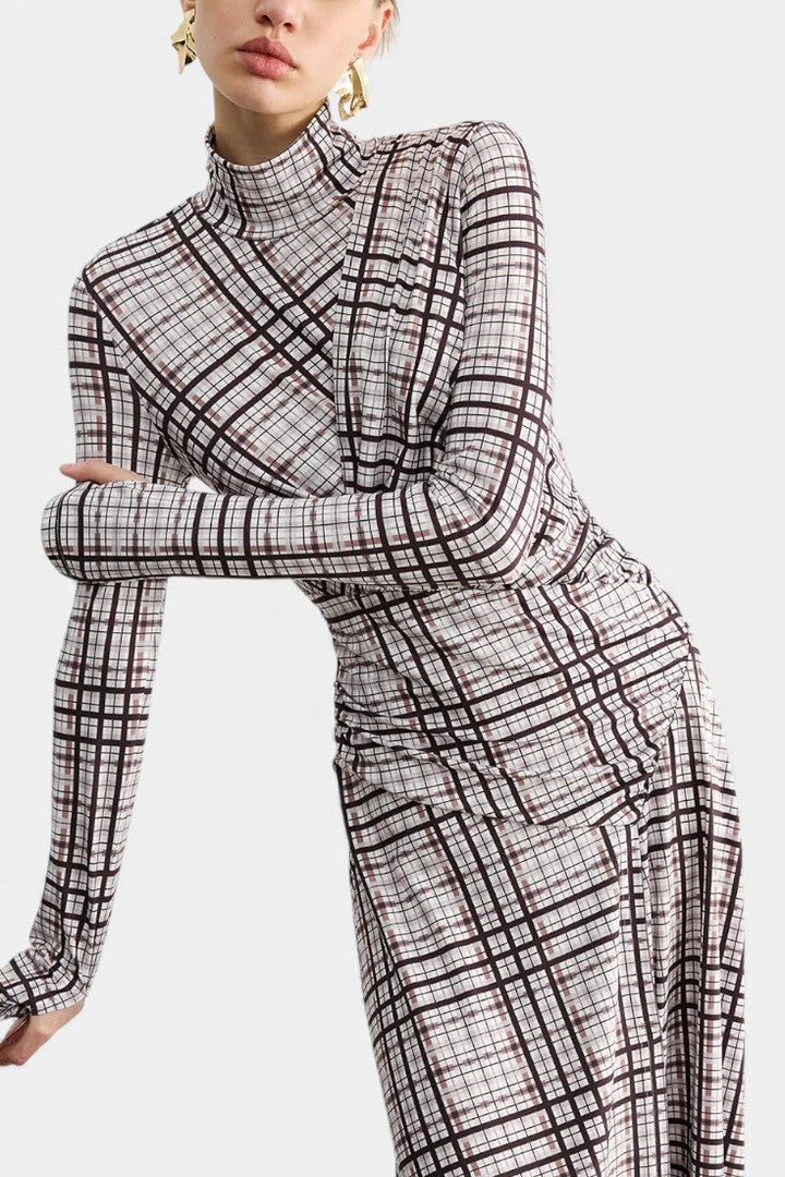 Checked Velleda Maxi Dress with High Collar and Long Sleeves