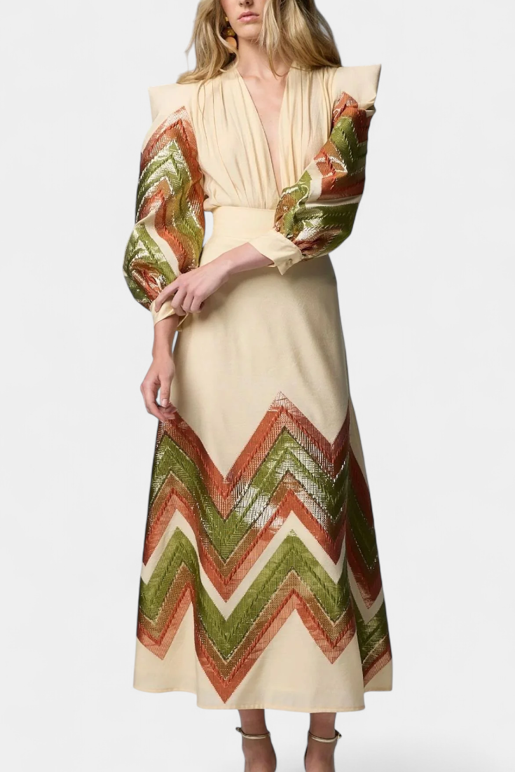 Avenza Puff Sleeve Bodysuit with Chevron Print Midi Skirt